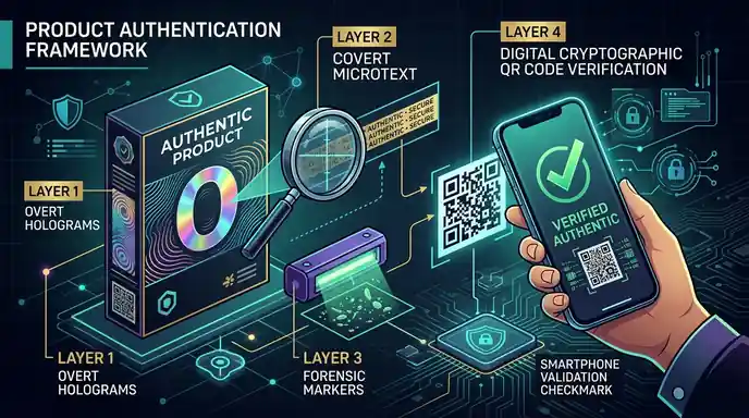 Digital forensic security layers representing overt, covert, and digital product authentication technologies