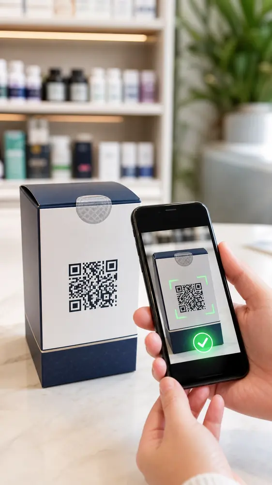 TrustQR mobile QR code scan on product packaging with a successful verification indicator