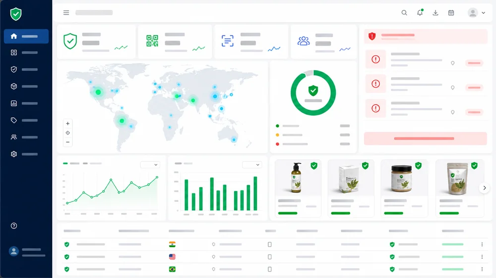 TrustQR brand dashboard with QR verification metrics, geographic scan analytics and suspicious activity alerts