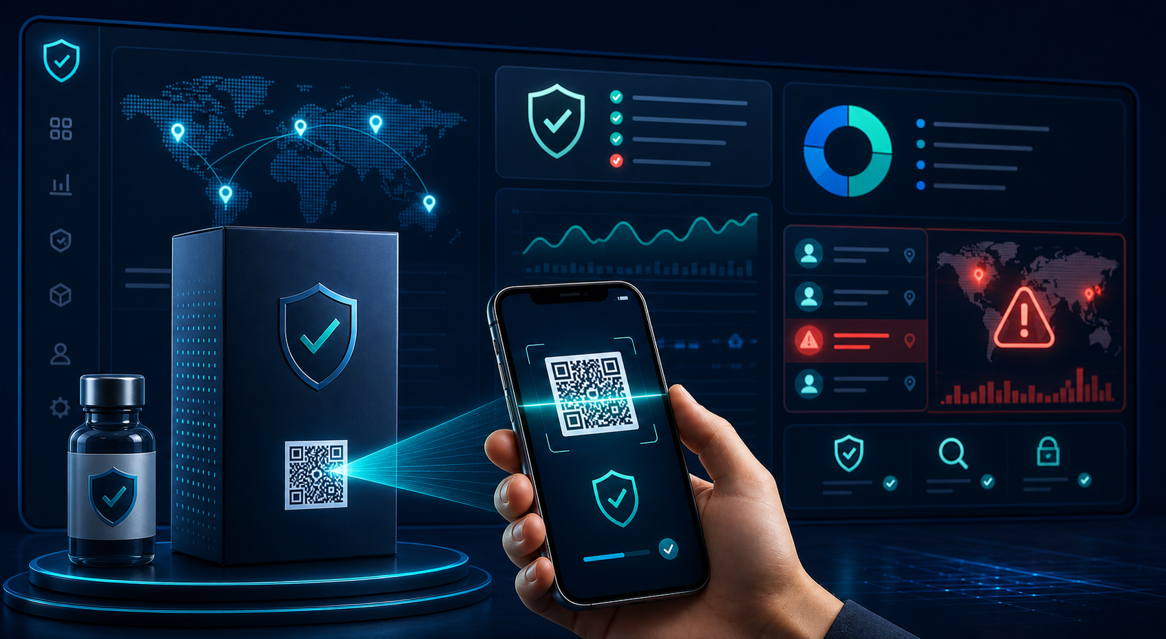 TrustQR anti-counterfeit system showing QR code verification, suspicious scan alerts, and brand protection dashboard