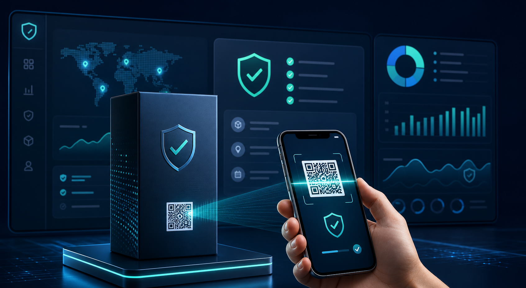 TrustQR product verification solution with a phone scanning a QR code and an authenticity dashboard