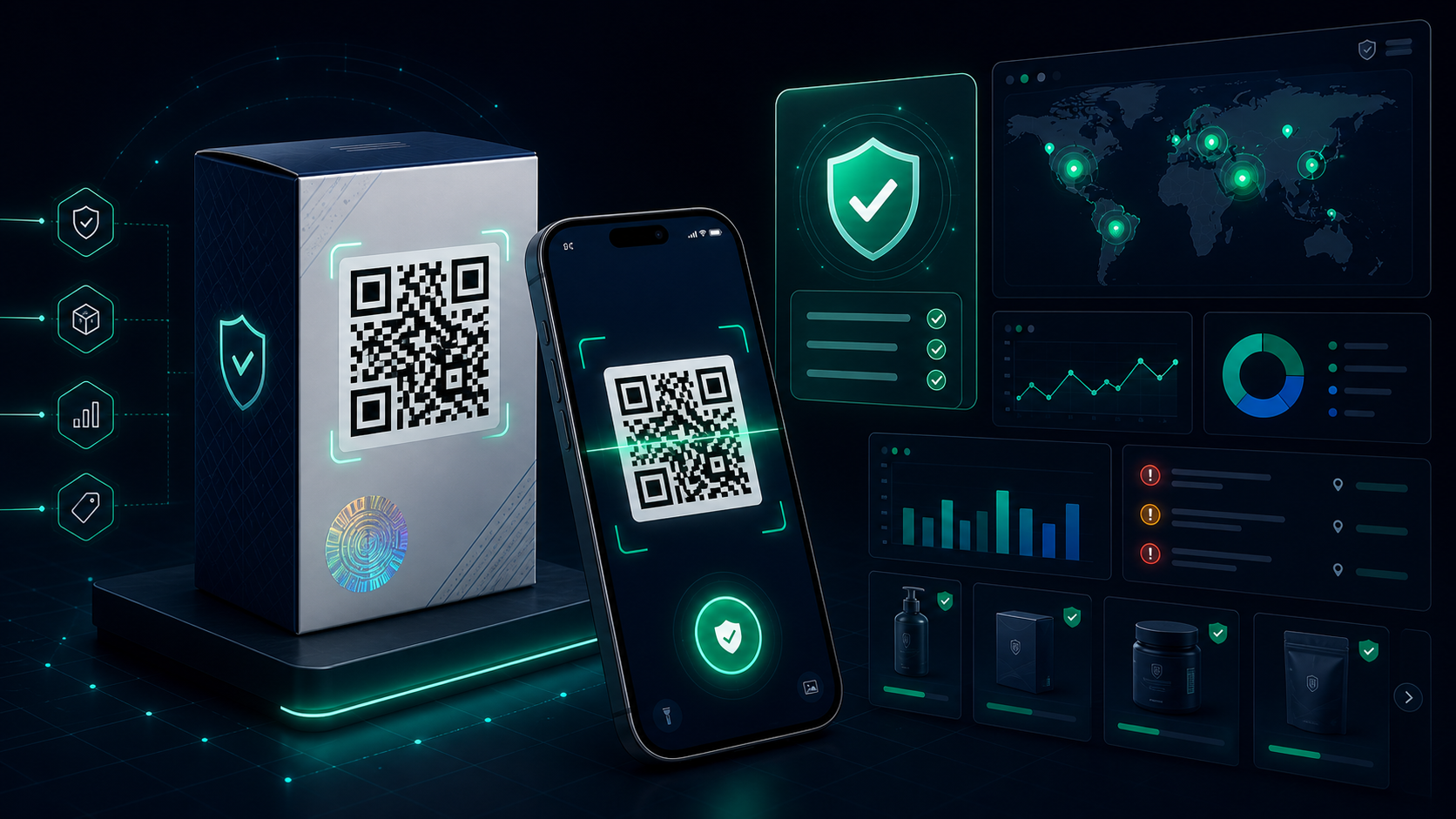 TrustQR product verification system showing QR code scanning, authenticity result, and brand analytics dashboard