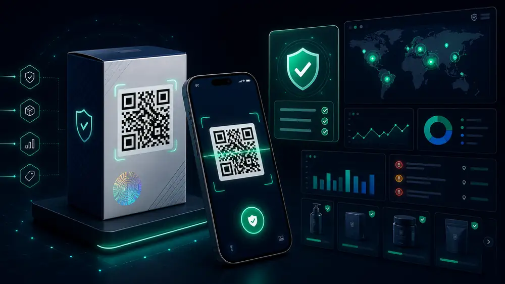 TrustQR product verification system showing QR code scanning, authenticity result, and brand analytics dashboard